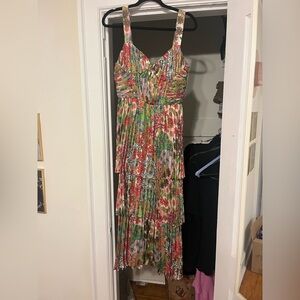 Green and Orange Pleated Maxi Sundress for Wedding Guest